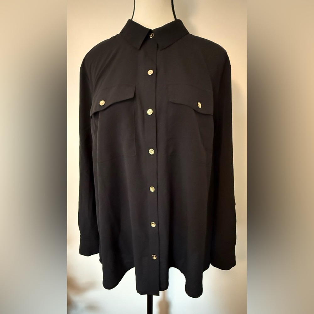 Charter Club Black Button-Down Shirt. Soft and silky. Size PXL. gold buttons.